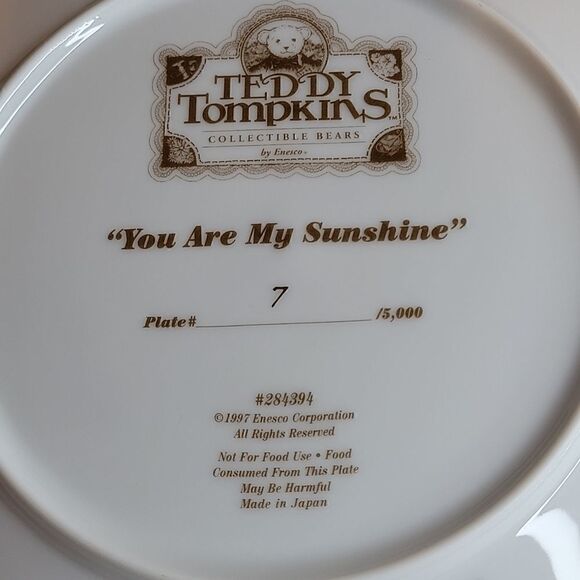 Collectable Plate. Teddy Tompkins. Collectable Bears. Enesco Co. Plate #7 - Picture 6 of 8